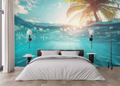 Underwater photo of the sea, with tropical palm trees, the sun's rays filtering through the surface of the water, clear blue tones, summer vibes. Wall mural