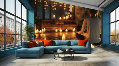 Woman sitting in yoga pose in a relaxing, cozy meditation room, surrounded by cushions, candles and warm lights. Wall mural