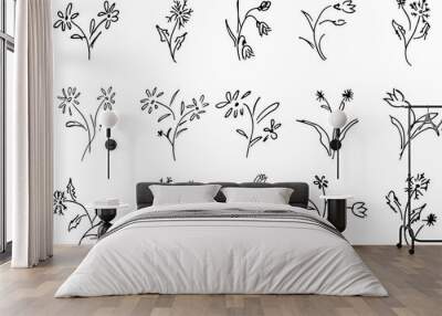 Flowers and branches hand drawn collection isolated on white background. 15 Floral graphic elements. Big  set. Outline collection Wall mural