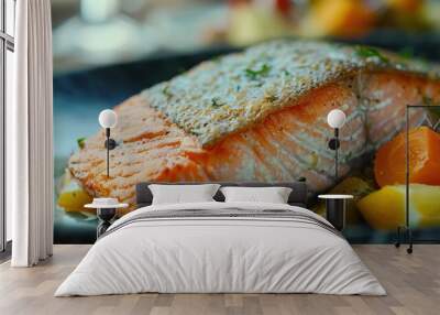 Close-Up of Salmon Plate with Fresh Greens Wall mural