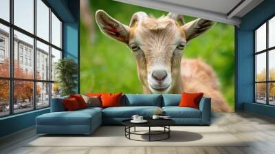 Farm Portrait: Close-Up of Goat's Face with Grass Background. Wall mural