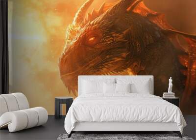 Intimate View of a Dragon's Head Against a Backdrop of Radiant Sunlight and Haze Wall mural