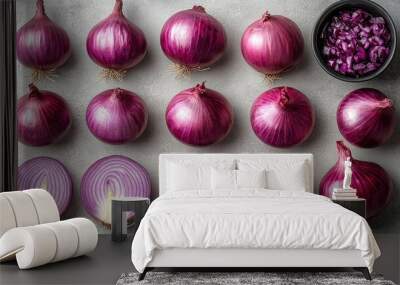 Red Onions on Grey Background Wall mural