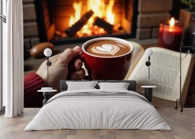 A person holds a steaming coffee cup by a cozy fireplace Wall mural