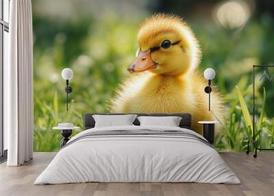 A small and cute yellow duck is softly sitting in the green grass Wall mural