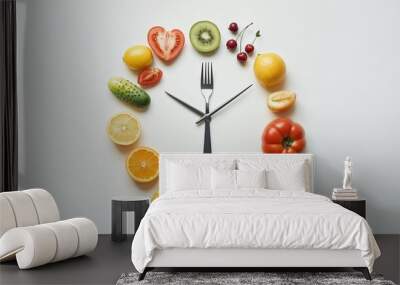 A vibrant and colorful arrangement of healthy fruits presented in a unique clock shape Wall mural