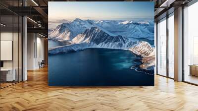 Aerial view of a snowy mountain surrounded by tranquil water Wall mural