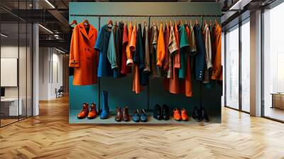 An organized clothes rack that is filled with various clothes and shoes Wall mural