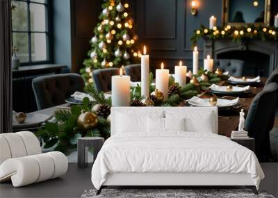 Wooden table with plates, silverware, candles, and a tree Wall mural