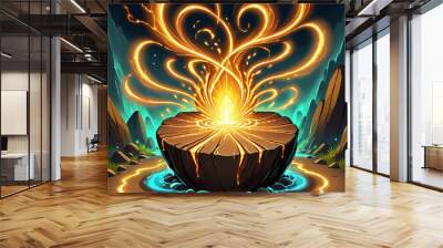 A glowing golden flame erupts from a stone altar surrounded by swirling light and a pool of glowing blue water. Lush green foliage and rocky cliffs frame the scene. Wall mural