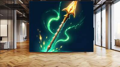 A golden spear with a diamondshaped tip pierces a body of water, leaving a glowing green trail and sparkling light particles behind it. Wall mural