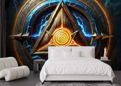 A golden triangle symbol with a spiral in the center, surrounded by a circular stone frame with glowing electric energy, set against a dark background. Wall mural