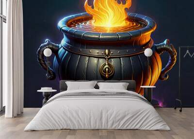 A large, black cauldron sits on a stone platform with purple flames emanating from its base. Inside, a liquid boils, with a bright orange flame rising from its center. The cauldron features two curve Wall mural