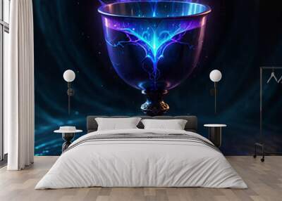 A silver chalice with ornate detailing stands on a dark surface, surrounded by rippling blue liquid. Blue and purple magical energy flows from the chalice, creating an ethereal glow. Wall mural