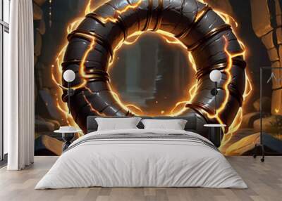 A stone ring, wrapped in gold bands, glows with fiery energy in a dark, ancient stone setting. The ring emits a powerful, pulsating light. Wall mural