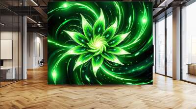 A stylized green flower with glowing petals and leaves is depicted against a dark background, surrounded by swirling lines of luminous green energy. Wall mural