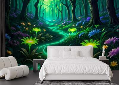 A vibrant forest path illuminated by glowing green flowers. The path winds through lush foliage and dark trees, creating a magical atmosphere. Wall mural