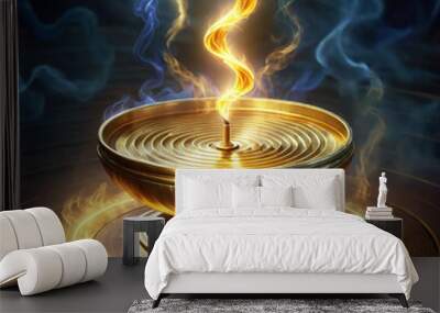 Mystical golden bowl with glowing light and smoke, abstract magical fantasy concept Wall mural