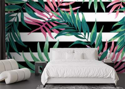 Palm leaves and fern on a black stripes. Wall mural