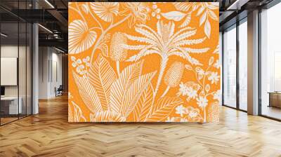 Seamless tropical pattern. Lacy pattern of palm trees on an orange background. Papercut pattern.  Wall mural