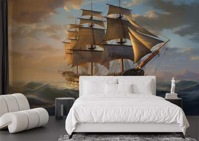 A sailing ship in the ocean created with Generative AI technology. Wall mural