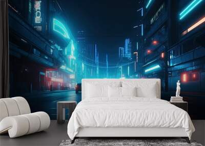 Bright neon night in a cyberpunk style city created with Generative AI technology. Wall mural