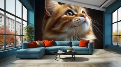 A beautiful tabby cat with striking golden eyes gazes upwards, showcasing its fluffy fur and delicate features against a dark background. Wall mural