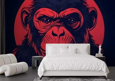 A close-up illustration of a chimpanzee with a serious expression, holding a cigar in its mouth, set against a red circle. Wall mural