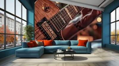 A person plays an electric guitar in front of a blurred background of Christmas lights. Wall mural