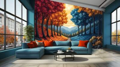 A picturesque forest path divides into two distinct halves, one adorned with fiery autumn hues and the other cloaked in a cool, wintery blue. Wall mural