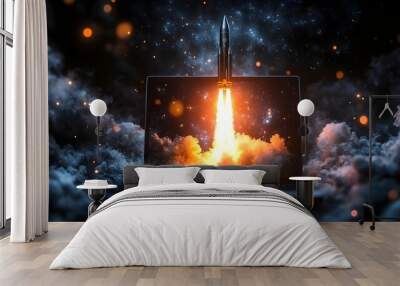 A rocket ship blasts off from a laptop screen, representing the power and potential of technology in a modern world. Wall mural