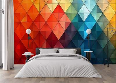 A vibrant mosaic of geometric triangles in various shades of red, orange, blue, and green, creating a dynamic and colorful abstract pattern. Wall mural