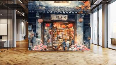 A watercolor painting of a traditional Chinese storefront with red lanterns hanging above the entrance. The shop is filled with goods and two people are walking inside. Wall mural