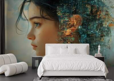 A young Asian woman gazes thoughtfully, her profile merging with digital elements, symbolizing the fusion of humanity and technology. A serene yet dynamic atmosphere. Wall mural