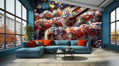 An elegant display of sushi rolls being picked up with chopsticks, adorned with colorful sprinkles, capturing a festive and vibrant mood. Wall mural