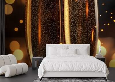 Two champagne flutes filled with sparkling wine against a backdrop of warm, blurred lights. Wall mural