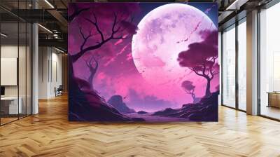 A Dreamy Generative Fantasy: An Anime-Style Background with Purple Planets, Moons and Trees: Generative AI Wall mural