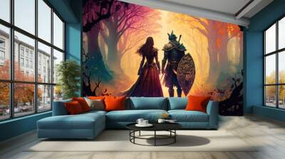 A Magical Tale of a Princess and a Knight: A Vintage Fairytale Illustration of Fantasy and Epic Adventures: Generative AI Wall mural