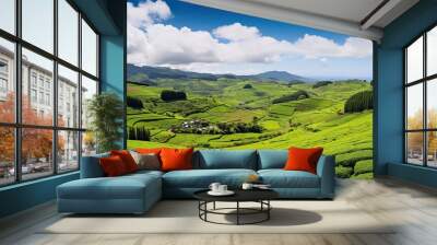 A Mesmerizing Panoramic View of a Peaceful Tea Plantation on São Miguel Island, Azores, Portugal: Generative AI Wall mural