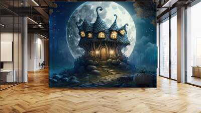 A Mystical Fairytale Castle in an Enchanted Forest under a Giant Moon. Generative AI Wall mural