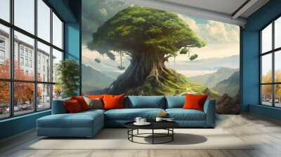 A Mystical Landscape of Earth and Energy: Digital Art Painting of a Giant Green Tree on a Mountain: Generative AI Wall mural