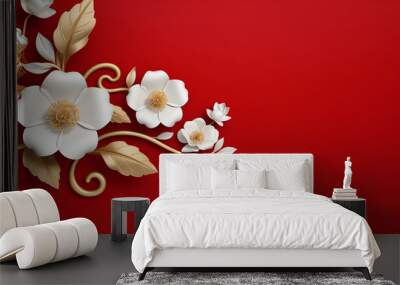 abstract white and gold floral pattern on red background, generative ai Wall mural