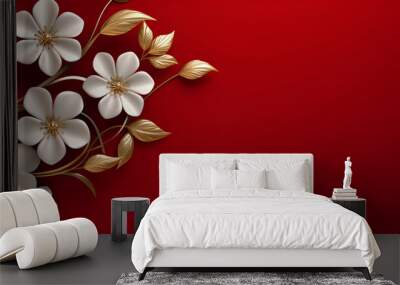 abstract white and gold floral pattern on red background, generative ai Wall mural