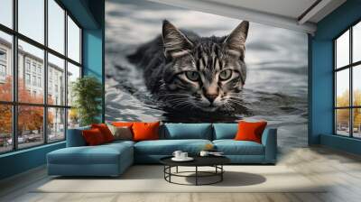 Adorable Grey Purebred Felino Swimming in the Ocean: Sweet Furry Mammal With Short Hair and White Striped Eye. Generative AI Wall mural