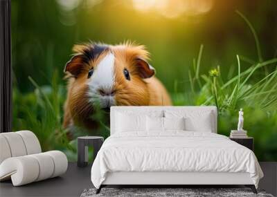 Adorable Guinea Pig Enjoying Summer Walk in Fresh Green Grass - Cute Pet Rodent Eating Outdoors: Generative AI Wall mural