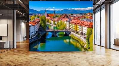 Aerial Panorama of Ljubljana: Slovenia's Beautiful Capital City Landscape with Stunning Architecture Wall mural