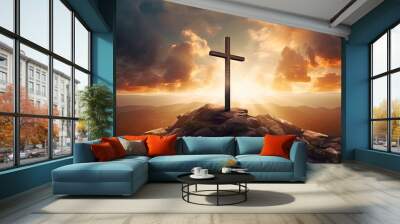 Amazing Resurrection: Christian Cross with Dramatic Sunset Background and Jesus Christ Crucifixion Concept Wall mural