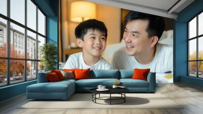 Asian Dad and Son Smiling and Playing Together at Home - Quality Time Wall mural