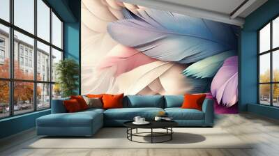 Beautiful Feather Texture Background in Soft Pastel Colours - An Eye-catching Illustration Artwork. Generative AI Wall mural