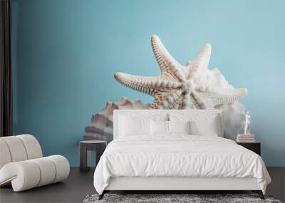 Beautiful Starfish on a Light Pastel Blue Beachfront: The Perfect Summer Nature Decor, Generative AI Wall mural